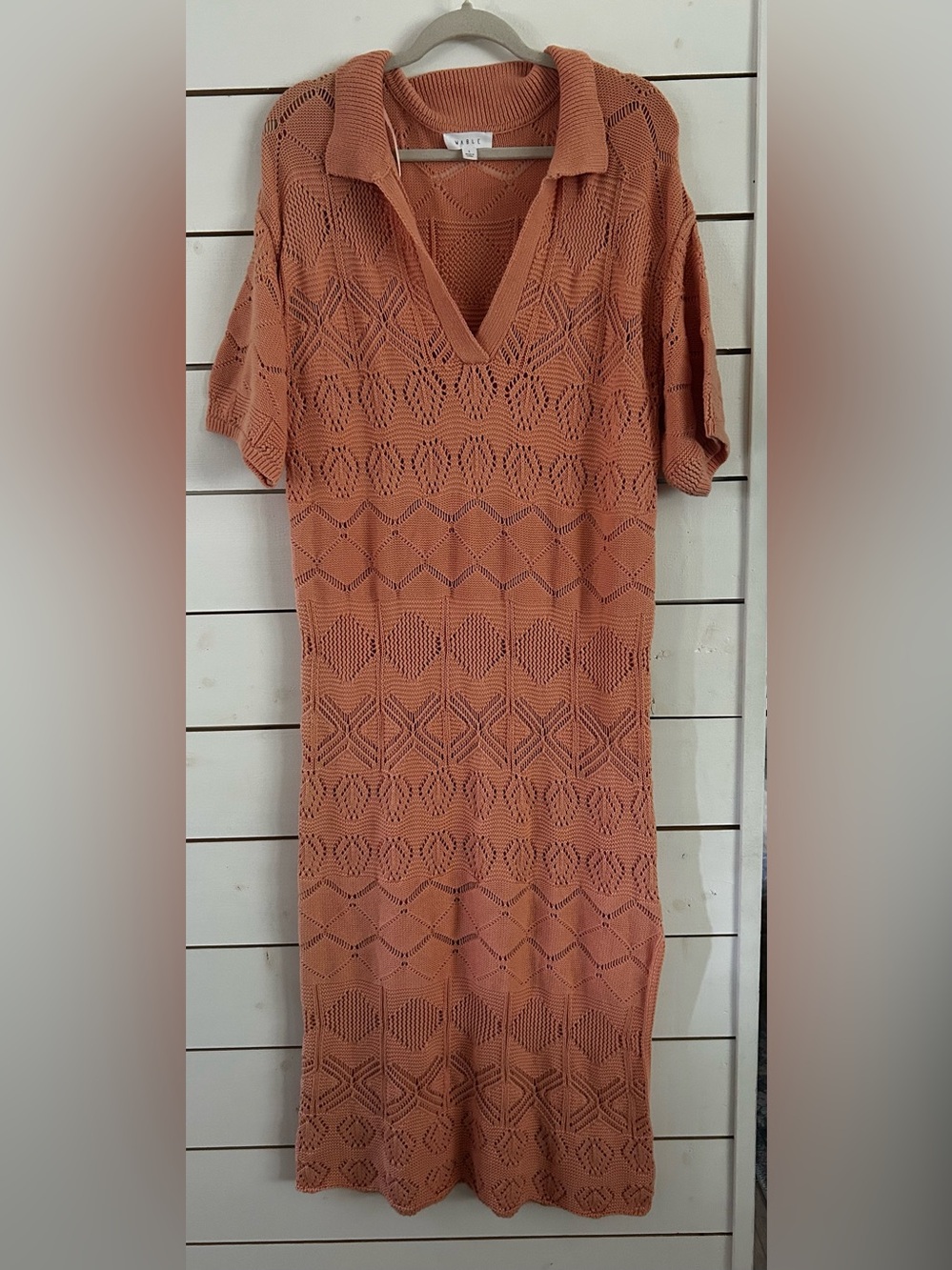 MARBLE Peach Openwork Crochet Sweater Collared Midi Dress Women’s Large - Picture 4 of 11
